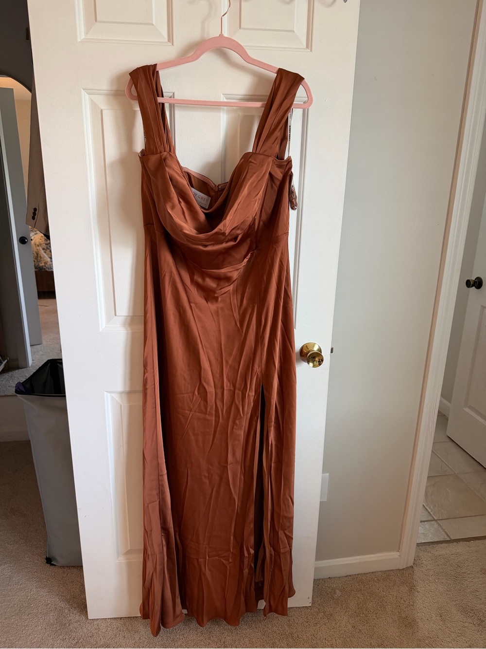 Birdy Grey Mia Matte Rust Satin Cowl Neck Maxi Dress with Wide Straps 1X